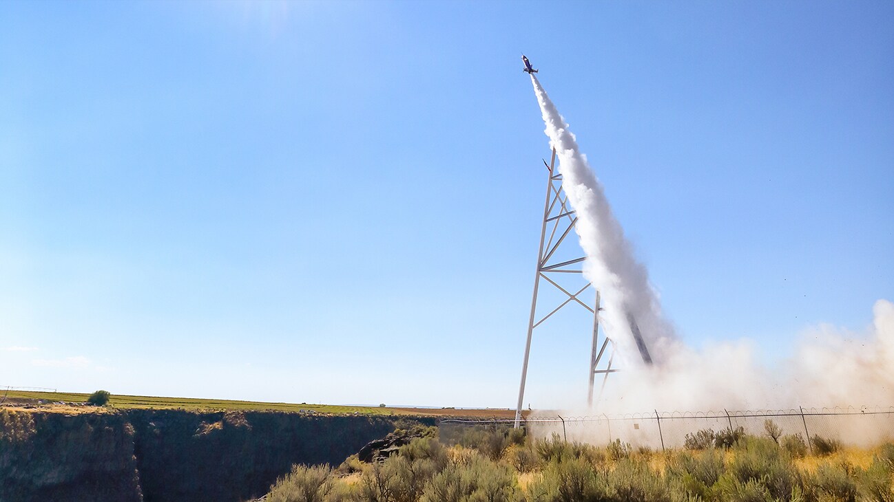 Picture of a rocket launching from a launch pad from the Disney+ Originals movie Stuntman. (Disney/ Steve Dondero)
