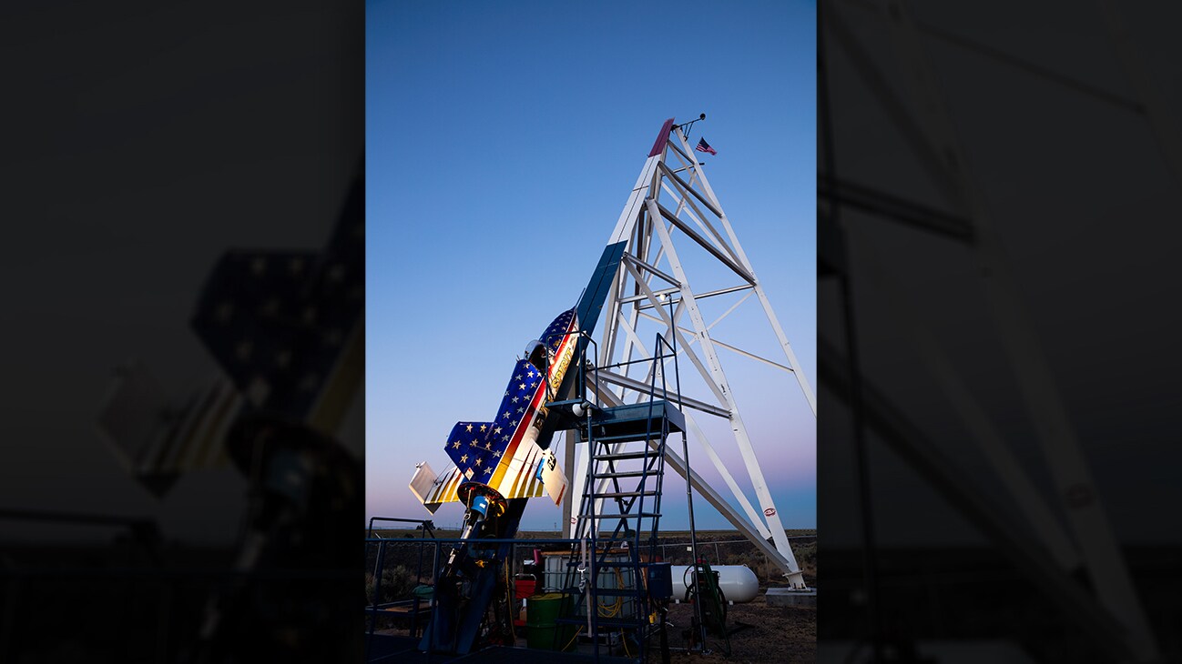 Picture of a rocket on a launch pad from the Disney+ Originals movie Stuntman. (Disney/ Steve Dondero)