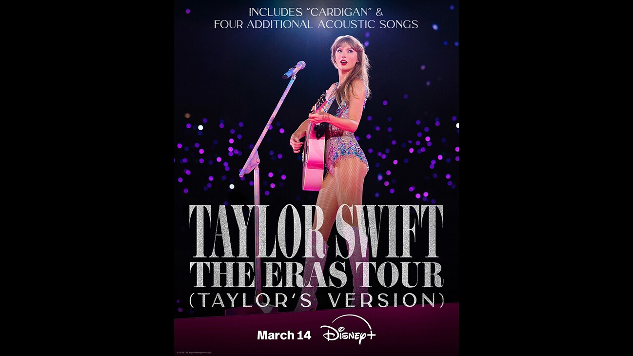 Image of Taylor Swift holding a guitar in front of a microphone from the Disney+ Original special, "Taylor Swift | The Eras Tour (Taylor’s Version)."
