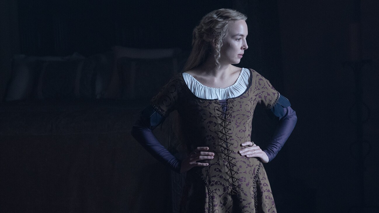 Marguerite de Carrouges (actor Jodie Comer) from the 20th Century Studios movie The Last Duel.