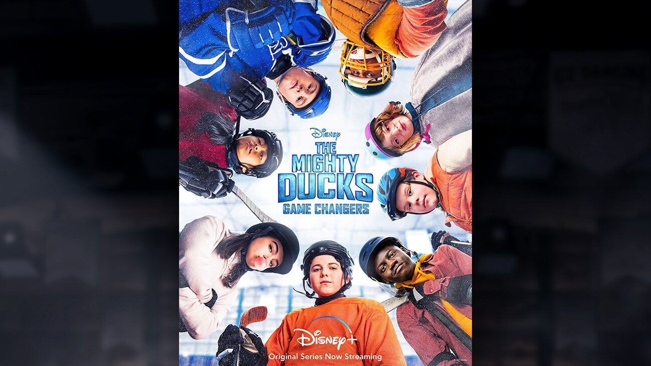 Group shot of Evan, Nick, Sam, Maya, Lauren, Koob, Logan, and Sofi from the Disney+ Original Series The Mighty Ducks: Game Changers.