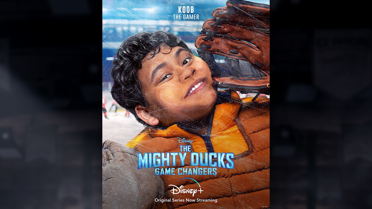 Koob | The Gamer | Image of Koob's face pressed against the hockey rink glass, from the Disney+ Original Series The Mighty Ducks: Game Changers.