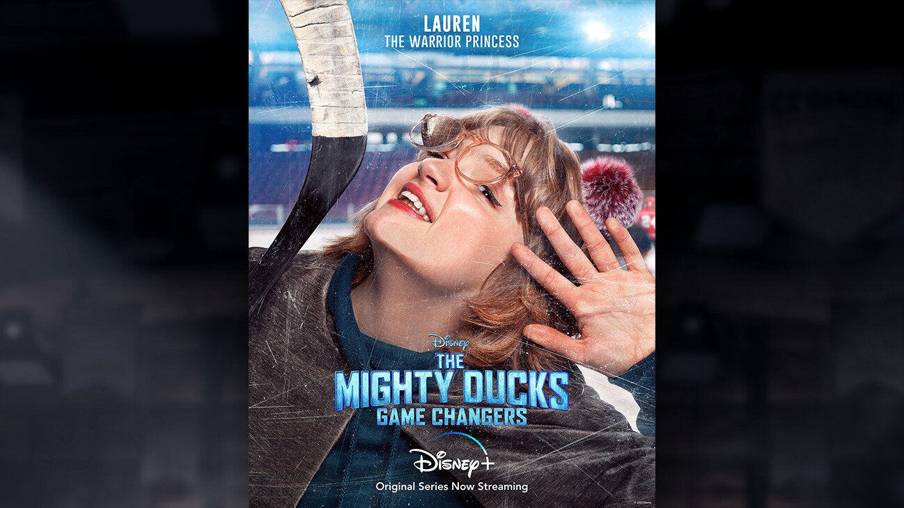 Lauren | The Warrior Princess | Image of Lauren's face pressed against the hockey rink glass, from the Disney+ Original Series The Mighty Ducks: Game Changers.