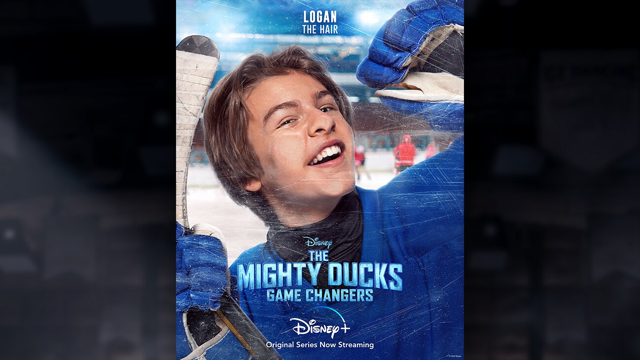 Logan | The Hair | Image of Logan's face pressed against the hockey rink glass, from the Disney+ Original Series The Mighty Ducks: Game Changers.