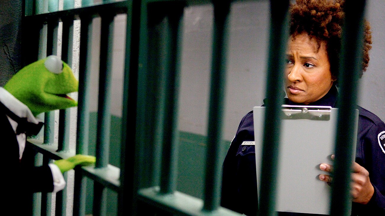 Kermit behind bars talking to Wanda Sykes as a police officer