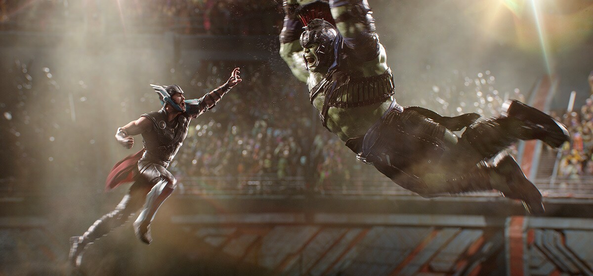 Thor and Hulk battle in an arena from the movie "Thor: Ragnarok"