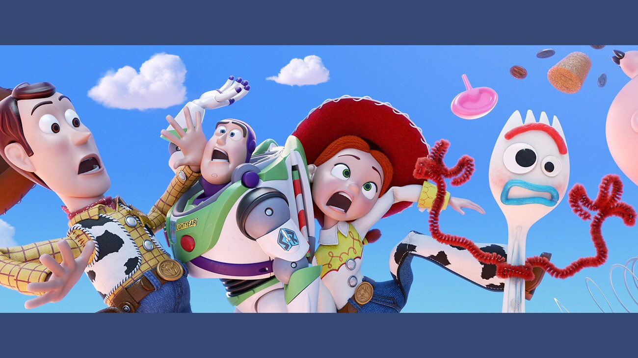 Woody, Buzz, Jessie and Forky colliding in the animated movie "Toy Story 4"