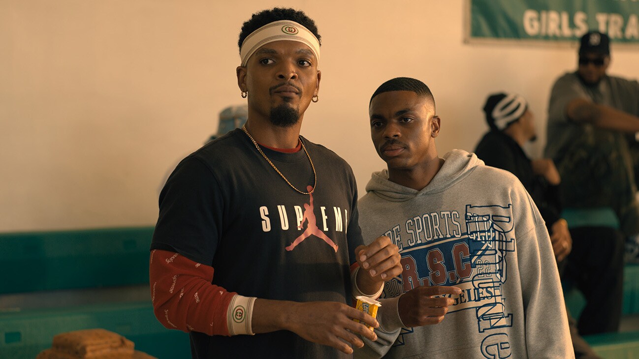 (L-R): Myles Bullock as Renzo and Vince Staples as Speedy in 20th Century Studios' WHITE MEN CAN'T JUMP.