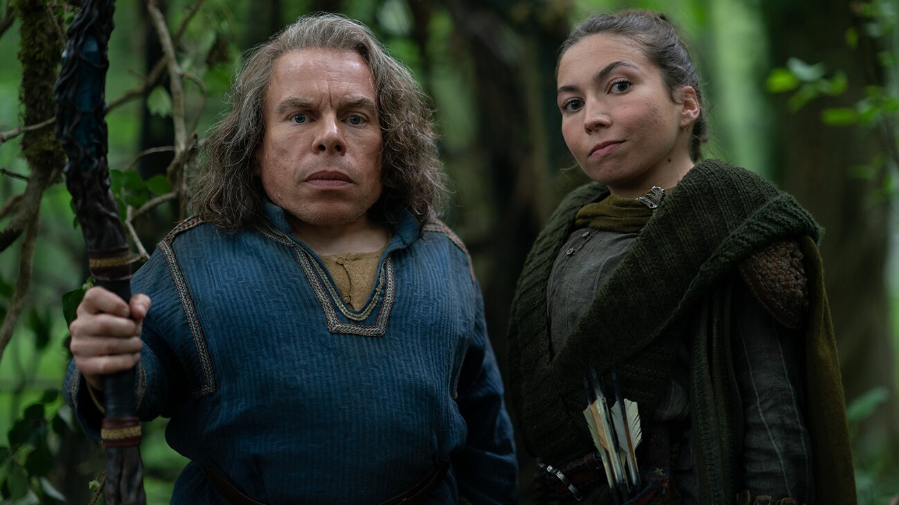 (L-R): Willow Ufgood (Warwick Davis) and Mims (Annabelle Davis) in Lucasfilm's WILLOW exclusively on Disney+. ©2022 Lucasfilm Ltd. & TM. All Rights Reserved.