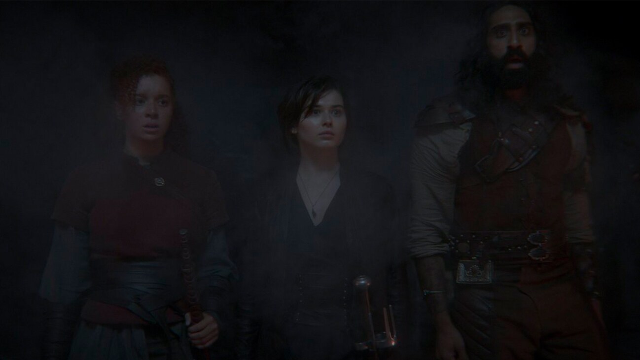 (L-R): Jade (Erin Kellyman), Kit (Ruby Cruz) and Boorman (Amar Chadha-Patel) in Lucasfilm's WILLOW exclusively on Disney+. ©2022 Lucasfilm Ltd. & TM. All Rights Reserved.