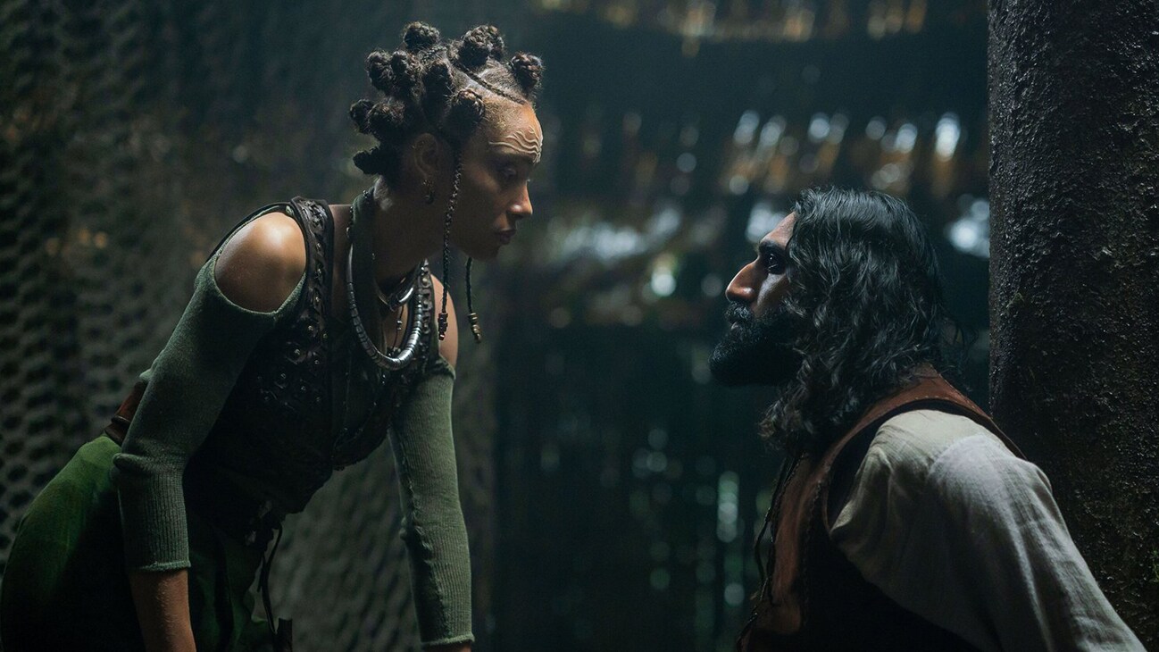 (L-R): Scorpia (Adwoa Aboah) and Boorman (Amar Chadha-Patel) in Lucasfilm's WILLOW exclusively on Disney+. ©2022 Lucasfilm Ltd. & TM. All Rights Reserved.