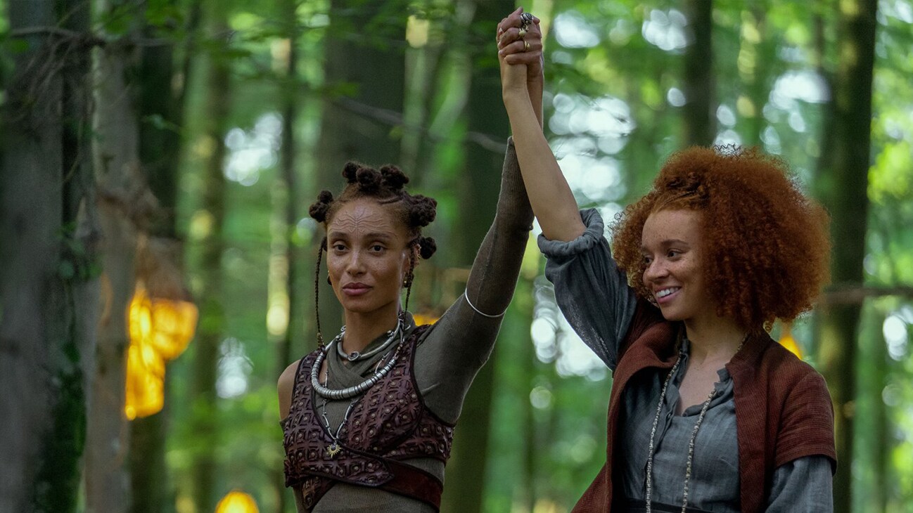 (L-R): Scorpia (Adwoa Aboah) and Jade (Erin Kellyman) in Lucasfilm's WILLOW exclusively on Disney+. ©2022 Lucasfilm Ltd. & TM. All Rights Reserved.