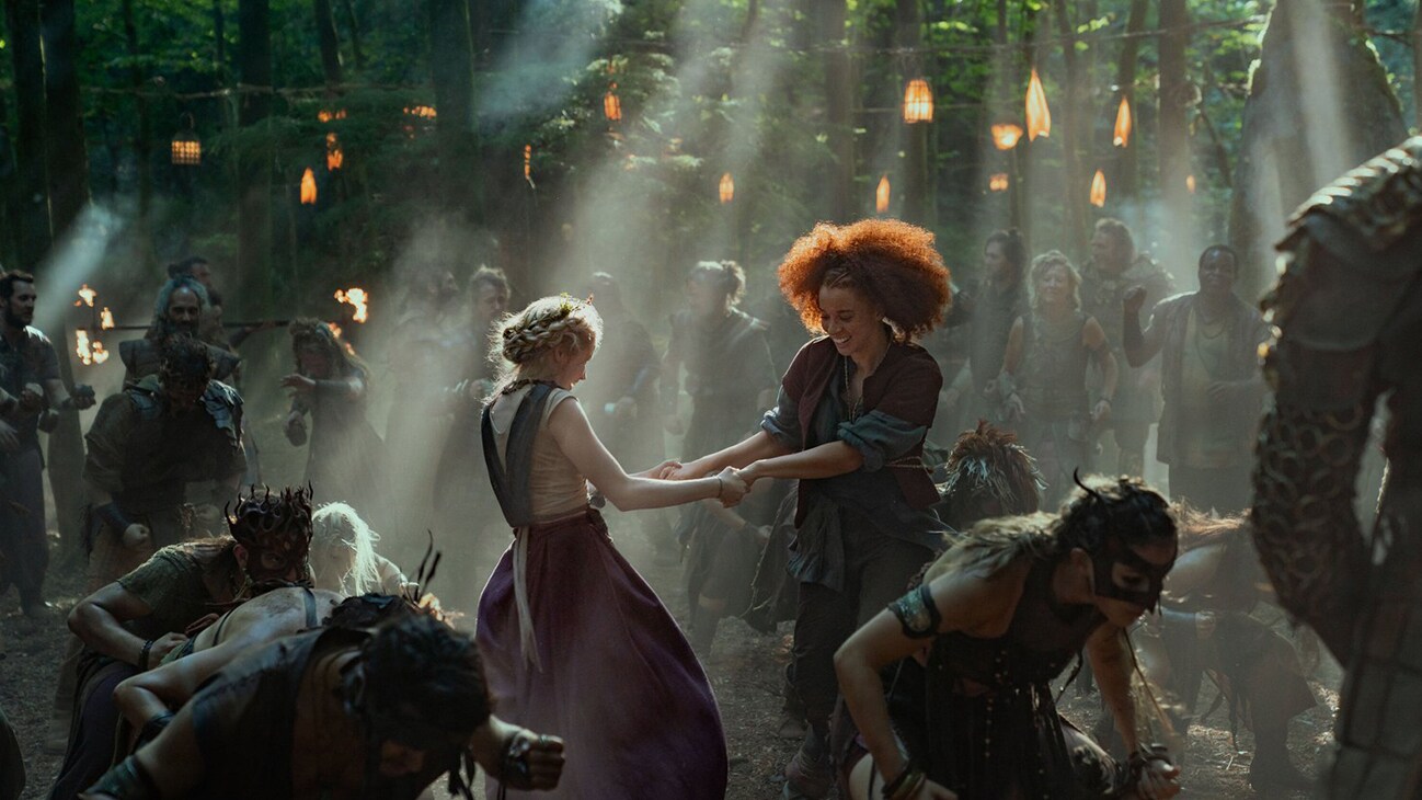 (L-R, center): Elora (Ellie Bamber) and Jade (Erin Kellyman) in Lucasfilm's WILLOW exclusively on Disney+. ©2022 Lucasfilm Ltd. & TM. All Rights Reserved.