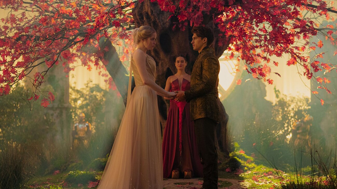(L-R): Dove (Ellie Bamber), Lili (Rosabell Laurenti Sellers), and (Airk (Dempsey Bryk) in Lucasfilm's WILLOW exclusively on Disney+. ©2022 Lucasfilm Ltd. & TM. All Rights Reserved.