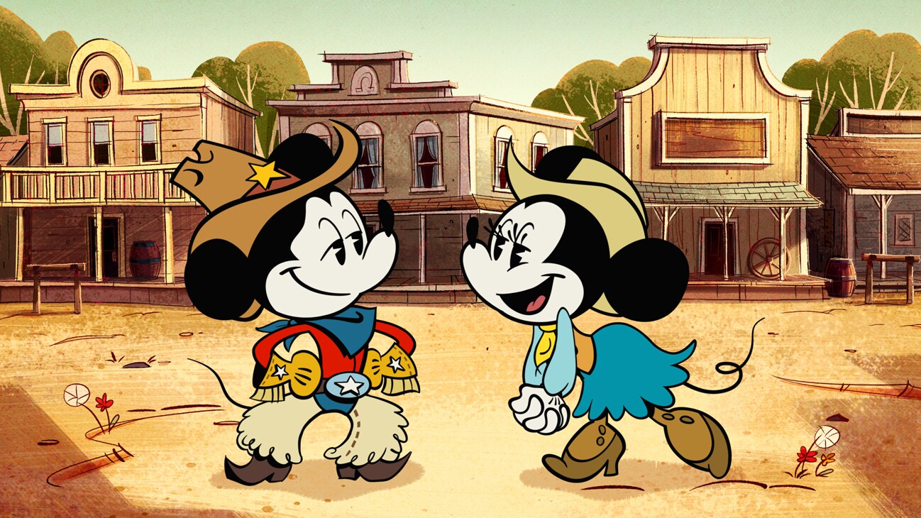 THE WONDERFUL WORLD OF MICKEY MOUSE - "Cheese Wranglers" - Mickey Mouse attempts to wrangle a prized herd across the stunning vistas of the Big Thunder Valley, but one big obstacle stands in his way, Peg-Leg Pete.(Disney+) MICKEY MOUSE, MINNIE MOUSE