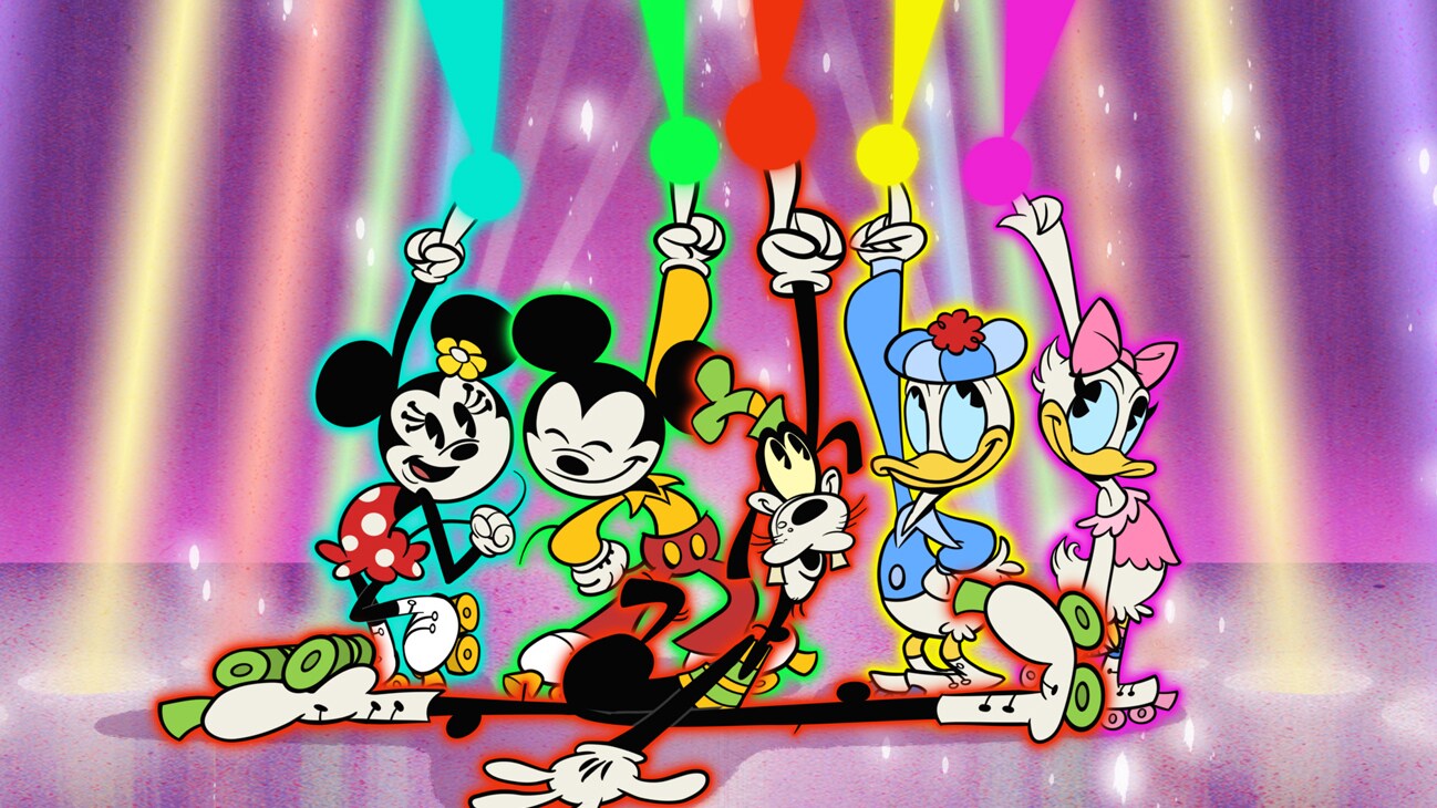 THE WONDERFUL WORLD OF MICKEY MOUSE - "Starlight Nights" - Mickey and his friends' disco night at the roller rink is placed in peril when Peg-Leg Pete and his gang crash the party and ruin the fun. (Disney+) MINNIE MOUSE, MICKEY MOUSE, GOOFY, DONALD DUCK, DAISY DUCK