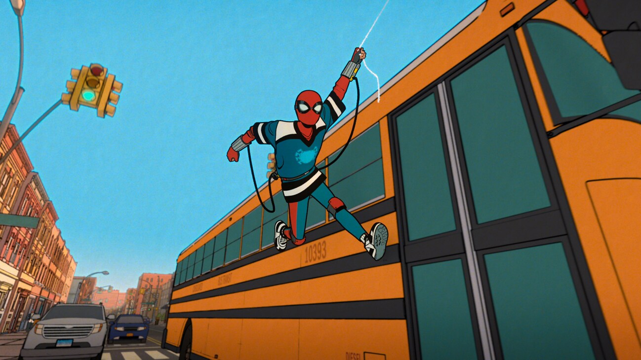 Animated still image of Spider-Man/Peter Parker swinging on a web next to a bus from the Marvel Animation series, "Your Friendly Neighborhood Spider-Man".