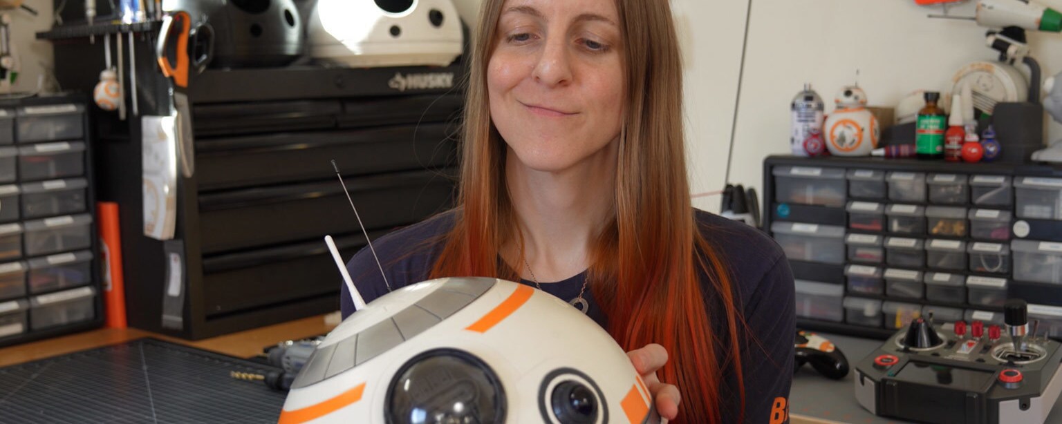 Psy DeLacy (Pixar technical director and droid builder) with BB-8