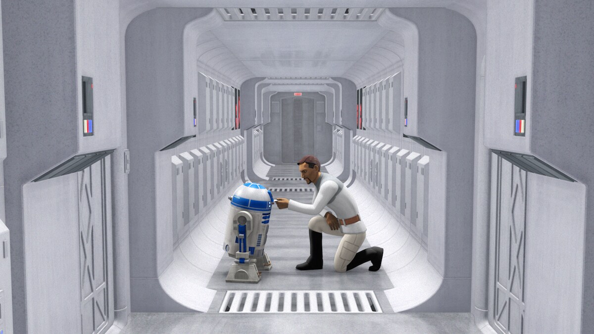 R2-D2 and Senator Bail Organa aboard the Tantive IV