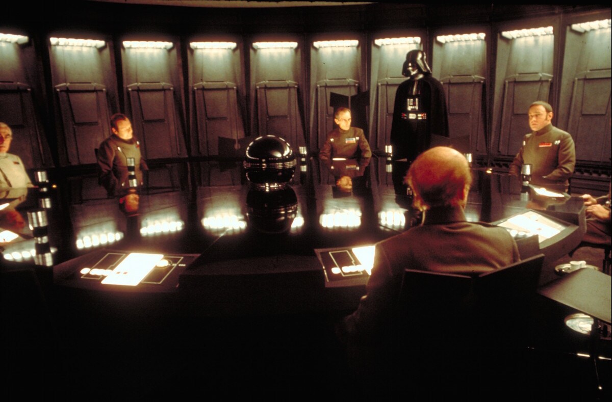 Grand Moff Tarkin and Darth Vader announcing the Emperor's dissolution of the Senate