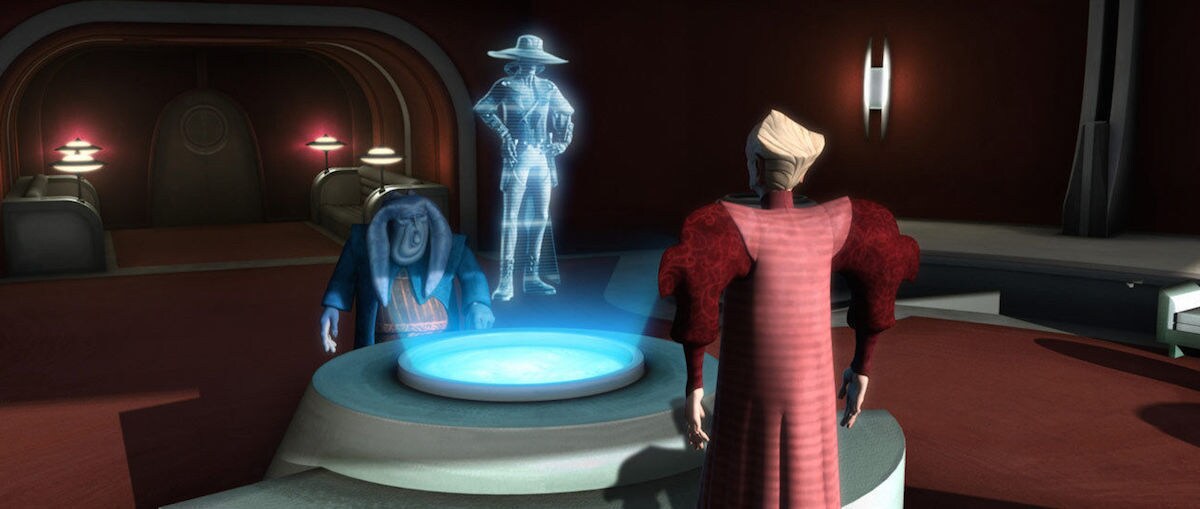 Cad Bane discussing his hostage terms with Chancellor Palpatine