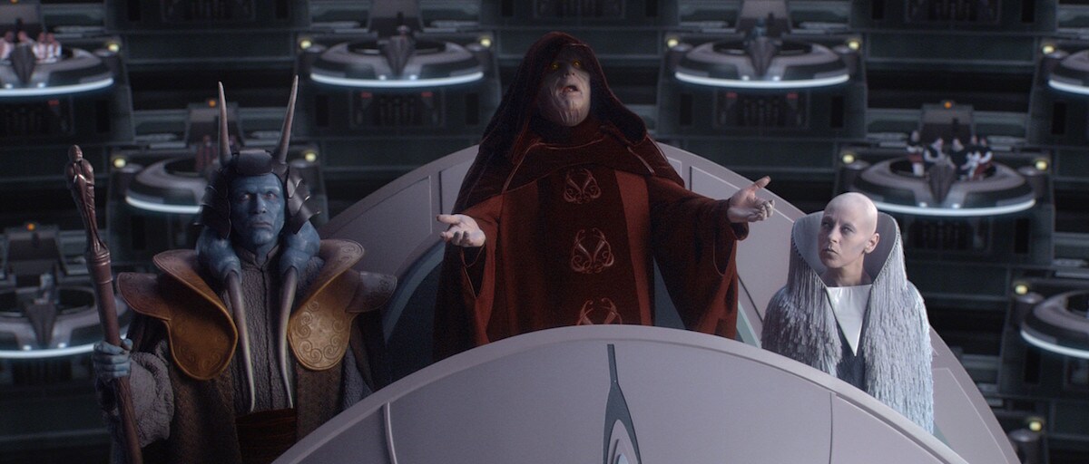Darth Sidious declaring the formation of the Galactic Empire to the Senate