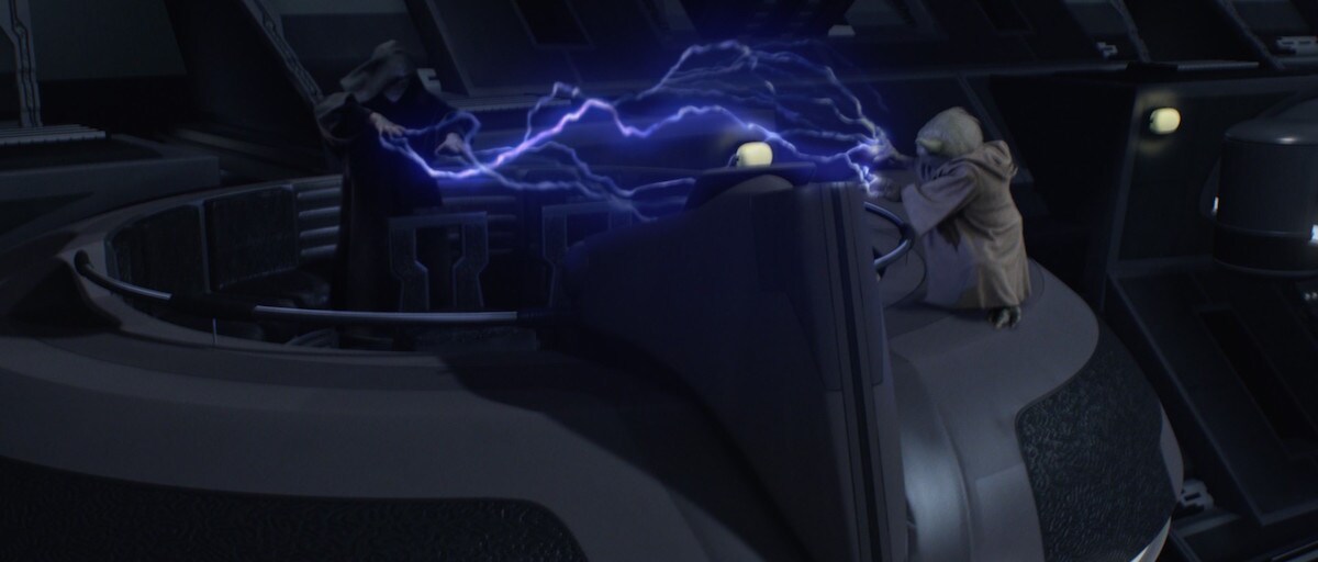 Darth Sidious and Yoda fighting in the Galactic Senate Chamber