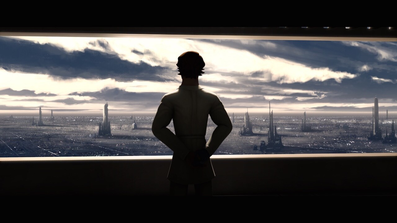 Anakin's stance at the window in the Jedi Temple medical bay -- standing straight with arms clasp...