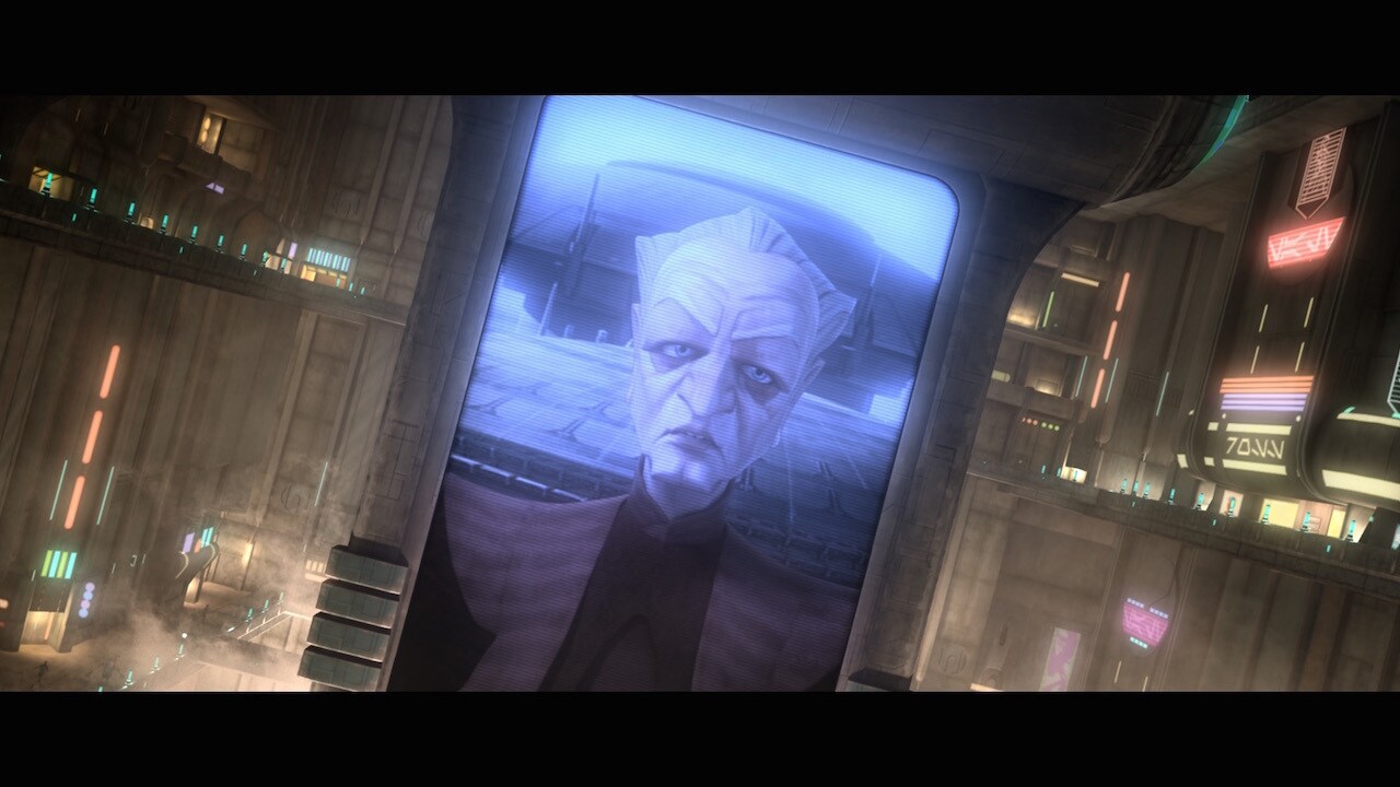 The holographic billboard of Palpatine is repeating the same address seen in "Lightsaber Lost."