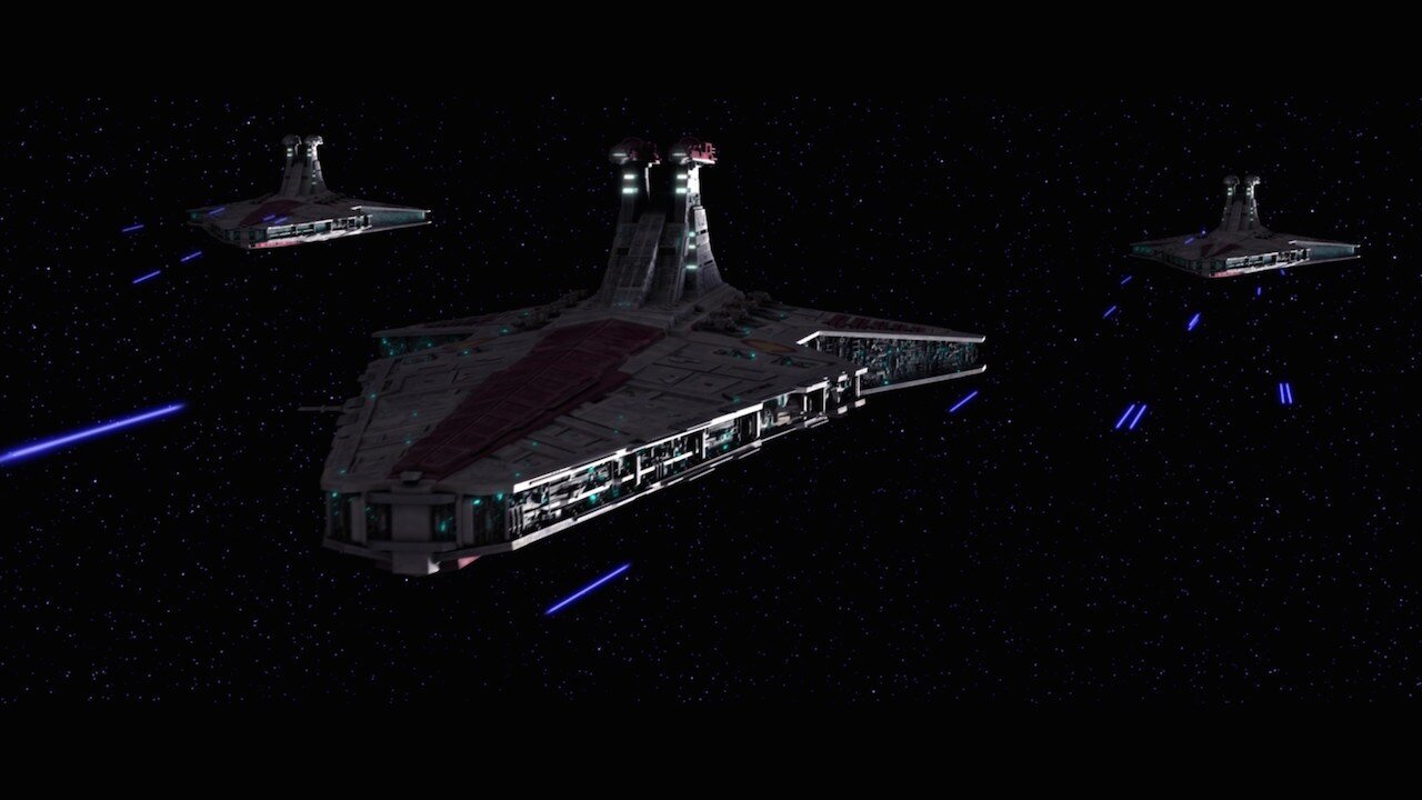 Of the three Republic warships pursuing the Malevolence, the lead ship is General Skywalker's Res...