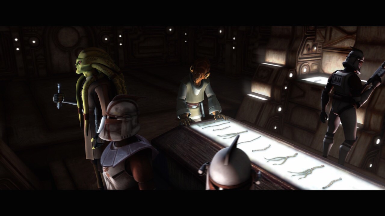 According to the script, the captured lightsaber that Kit Fisto examines within the lair once bel...