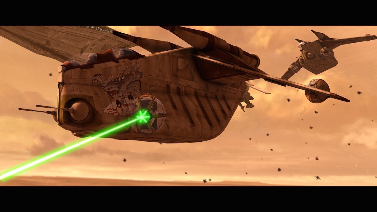 Obi-Wan Kenobi's gunship has a painted illustration of a nexu creature on it, with the phrase "Ba...