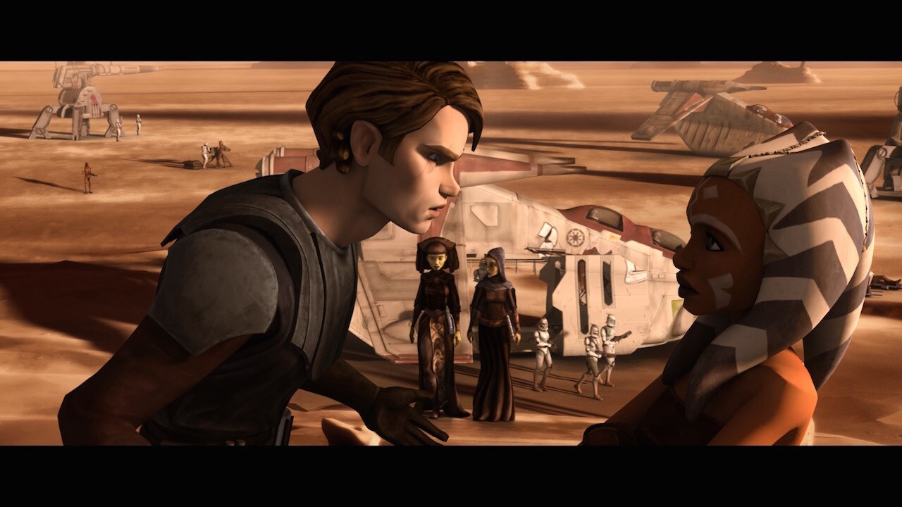 The dialogue spoken by Anakin and Ahsoka during the briefing but barely heard underneath lines sp...