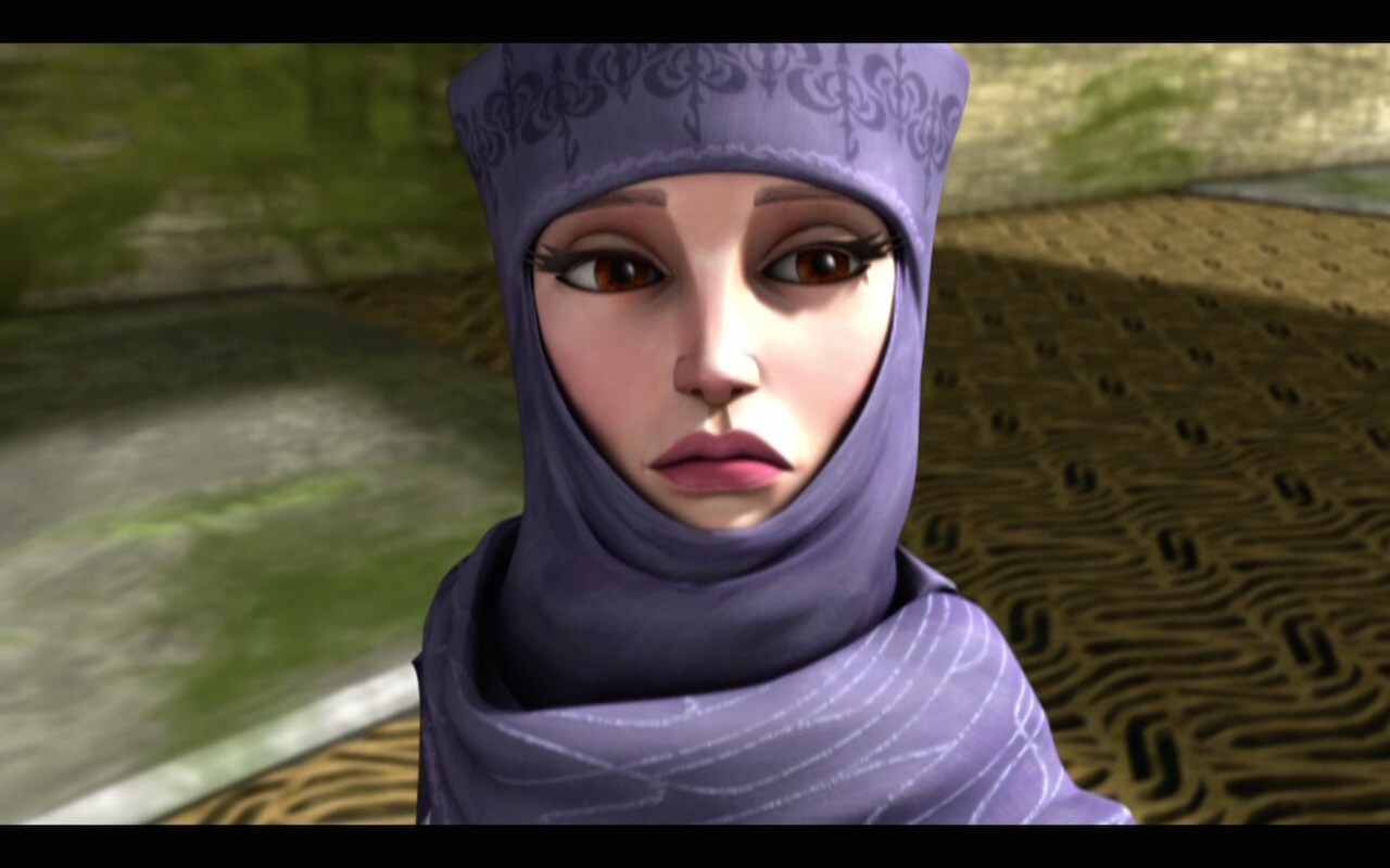 Amidala's turban-like headdress is a purple variation of a white shroud that was designed but not...