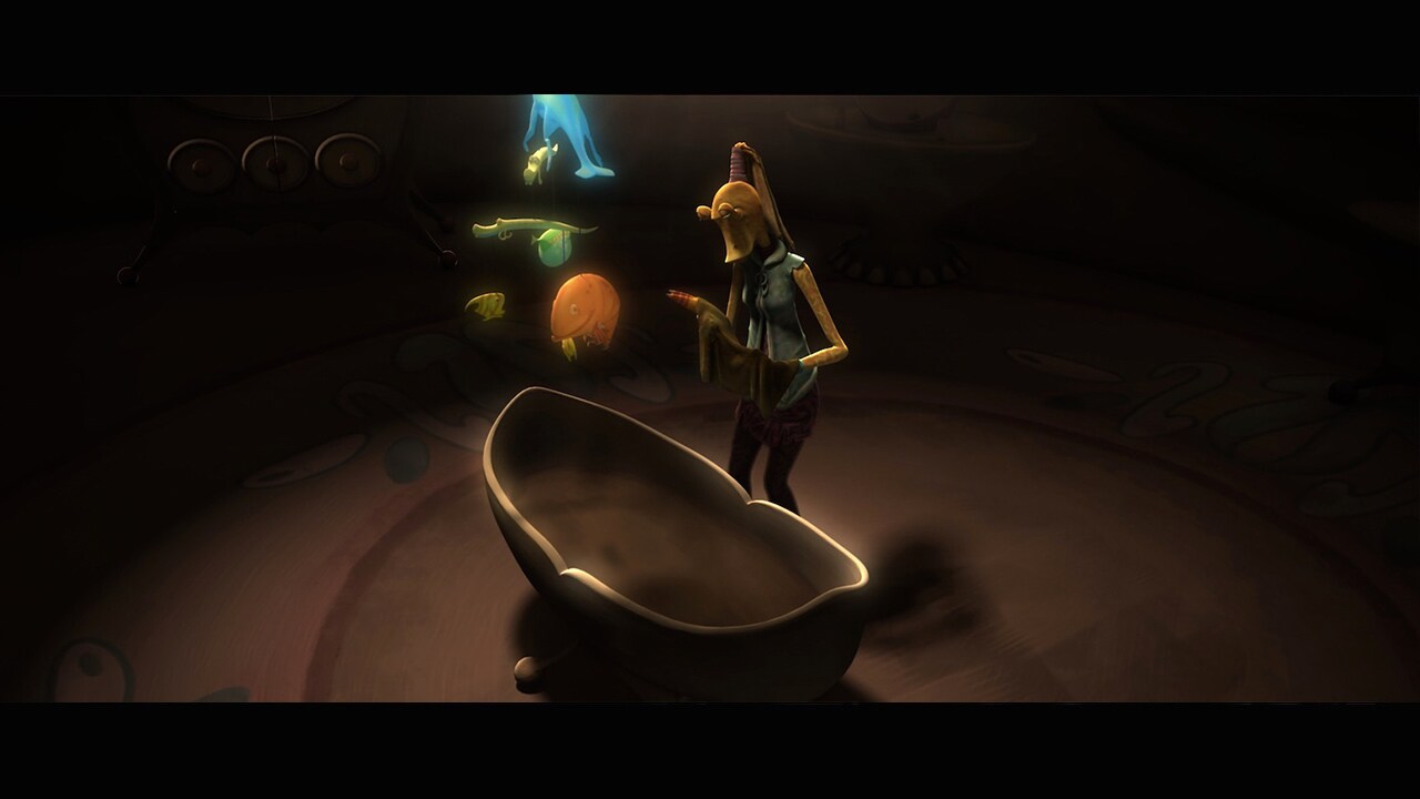 The holographic mobile hovering over the Gungan toddler's crib includes a colo clawfish and a san...