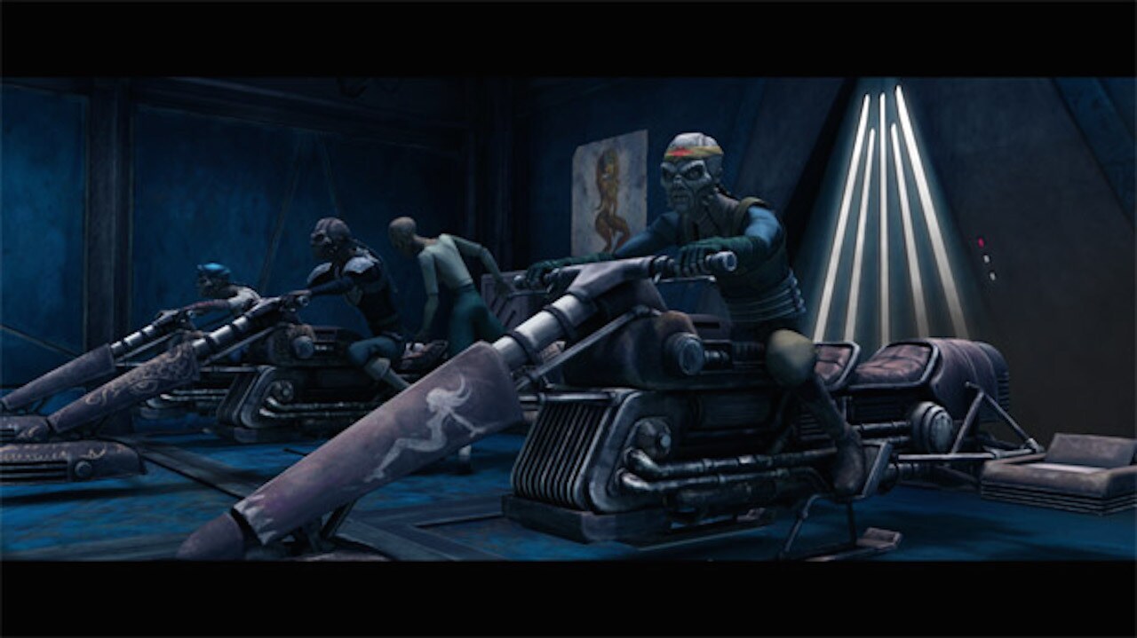 Turk Falso's speeder bike has a silhouette of a shapely Twi'lek on it that resembles the type use...