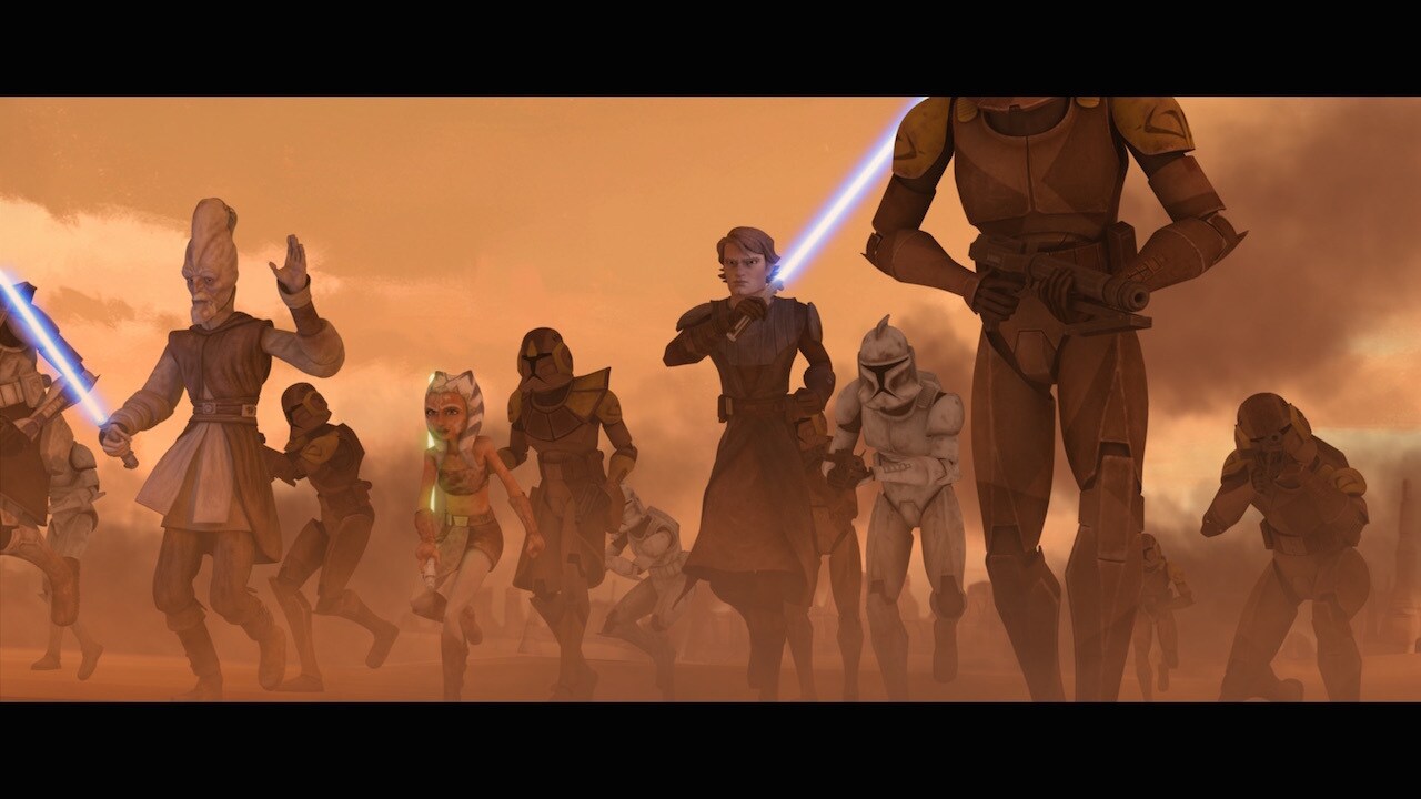 The long traveling shot as Anakin and his troops charge the final Geonosian front is a nod to a s...