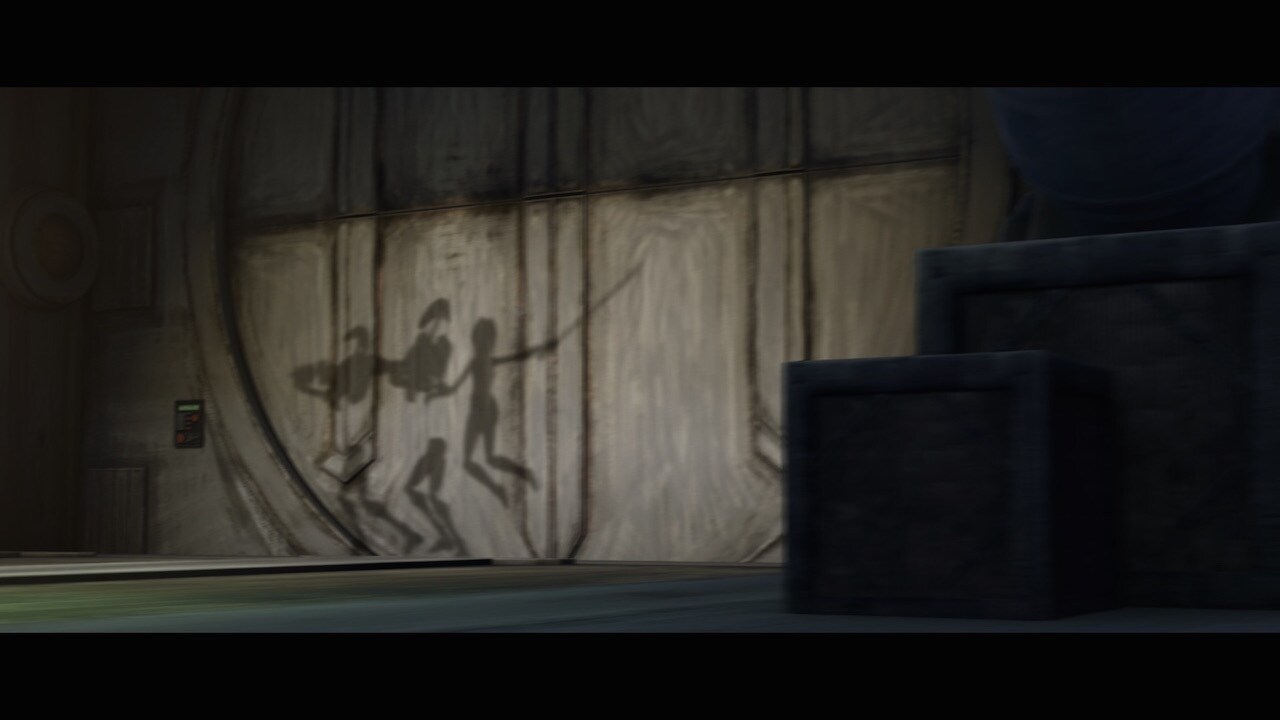 When Ahsoka cuts down droids inside the Separatist base, she is shown in silhouette and her light...