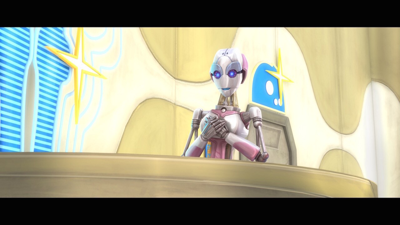 The pink droid spa attendant is SN-D1. The purple one is named BO-N1.