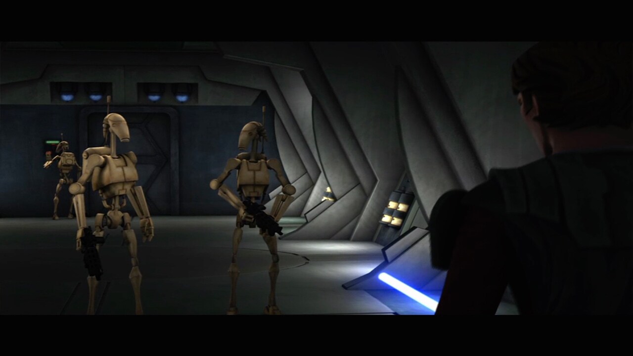 When Anakin confronts the three doomed battle droids in the airlock corridor, the one in the back...