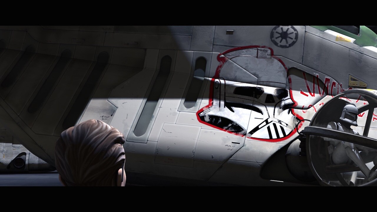 Ki-Adi-Mundi's gunship has a skull-faced clone trooper helmet painted on it, with the phrase "Sep...