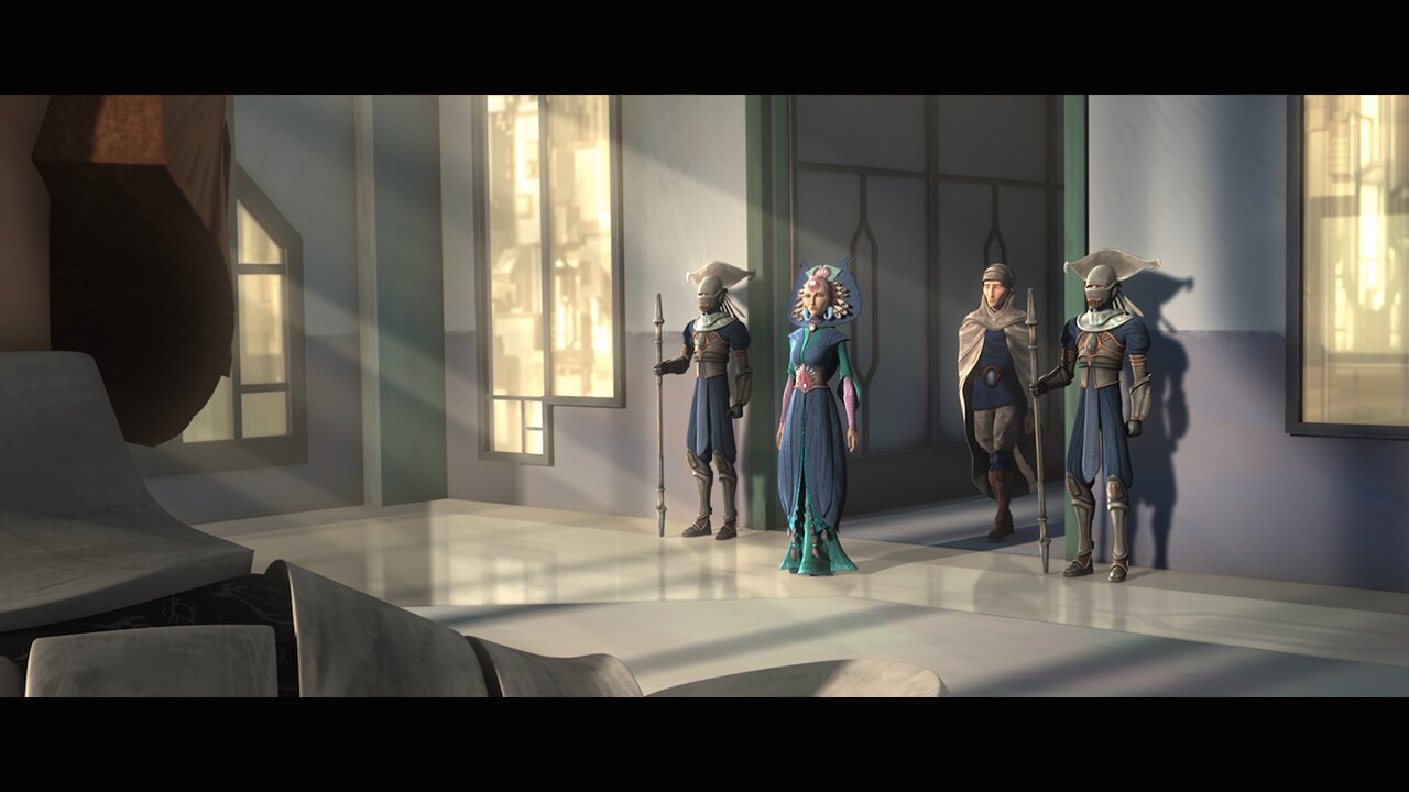 Duchess Satine and her royal guards were inspired by abandoned design concepts for Episode I. Sat...