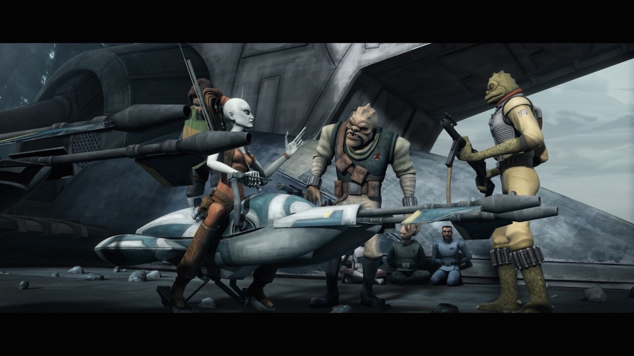 The speeder bikes that the bounty hunters use have Aurebesh lettering on the saddle that reads "L...