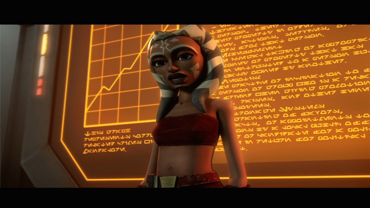 During her lecture, Ahsoka stands before a jagged and steep graph with the legend "this graph rep...