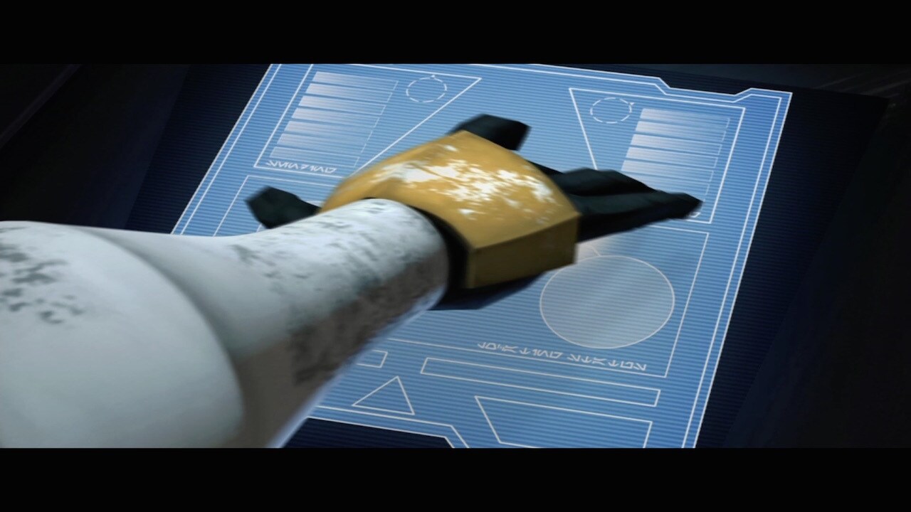 The display screen that Cody uses to contact the Jedi says in Aurebesh, "Sending," "Receiving" an...