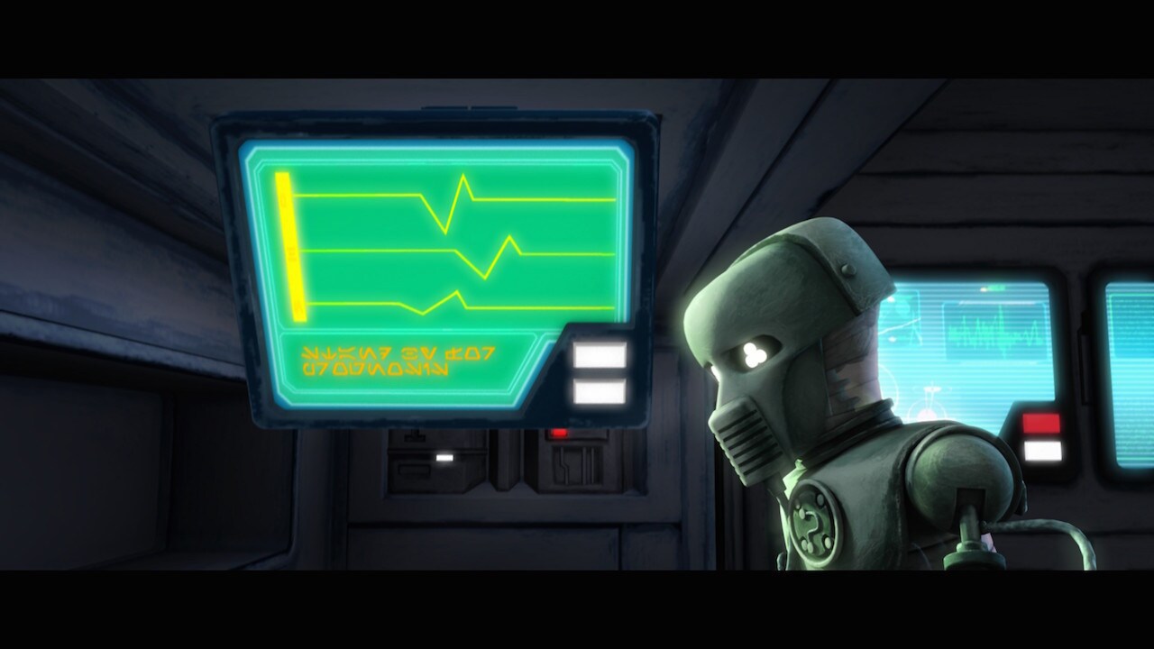 The Aurebesh legend on Anakin's medical status screen reads "Stand by for Prognosis".