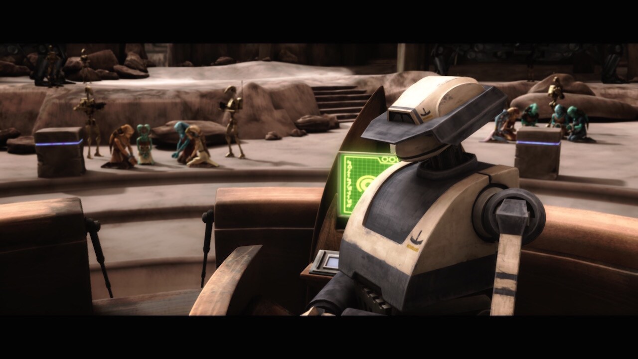 At one point, the display screen at the Separatist command center reads, in Aurebesh letters, "Co...