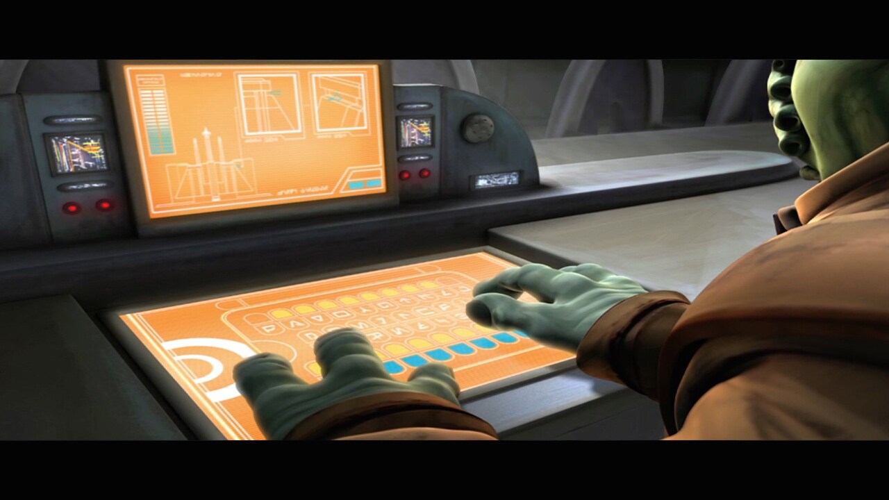 The Aurebesh keys on Cato/Ord's keyboard are upside down.