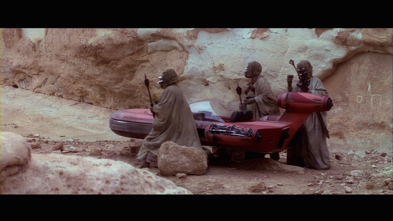 A Tusken with a gaderfii knocked Luke unconscious, and the Sand People began to loot his landspee...