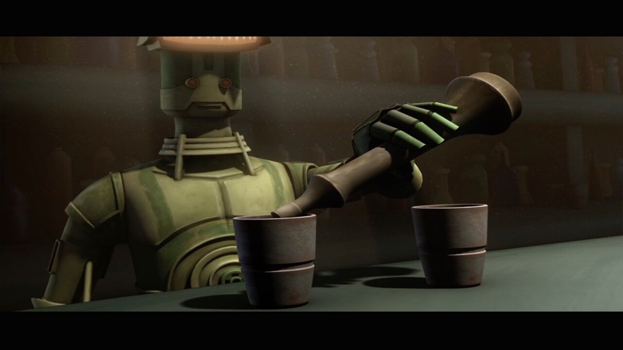 The bug-eyed RA-7 droid in the Weequay bar squawks an alien gibberish very similar to what the "D...